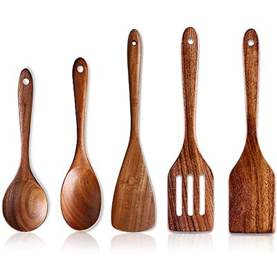 Renawe Set van 5 luxe houten kookgerei, lepel met antiaanbaklaag, houten spatel, sleufspatel, schuine spatel, serveerlepel en roerlepel Renawe Set van 5 luxe houten kookgerei, lepel met antiaanbaklaag, houten spatel, sleufspatel, schuine spatel, serveerlepel en roerlepel