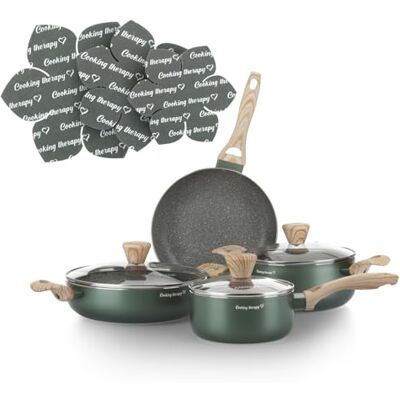 KASANOVA Cooking Therapy kookgerei, inductiekookpannenset met antiaanbaklaag, met spatel, laseropschrift en handgrepen in houteffect (10 stuks) KASANOVA Cooking Therapy kookgerei, inductiekookpannenset met antiaanbaklaag, met spatel, laseropschrift en handgrepen in houteffect (10 stuks)