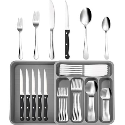 Xespis Bestekset voor 12 personen, 36-delig, van roestvrij staal, met steakmessen en bestekbak, elegant bestek, vaatwasmachinebestendig, met mes, vork, lepel, voor Xespis Bestekset voor 12 personen, 36-delig, van roestvrij staal, met steakmessen en bestekbak, elegant bestek, vaatwasmachinebestendig, met mes, vork, lepel, voor