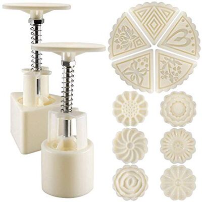 YIQI Maanbakvorm, maancake, set van 2 koekjespers in bloemvorm en driehoek met 11 motieven, gebruiksvoorwerpen voor taartdecoratie, bakken wit YIQI Maanbakvorm, maancake, set van 2 koekjespers in bloemvorm en driehoek met 11 motieven, gebruiksvoorwerpen voor taartdecoratie, bakken wit