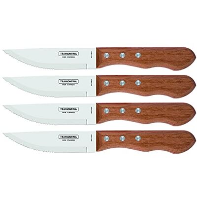 Tramontina Dynamic Jumbo Set van 4 roestvrijstalen steakmessen met houten handvat en 4 steakmessen Tramontina Dynamic Jumbo Set van 4 roestvrijstalen steakmessen met houten handvat en 4 steakmessen