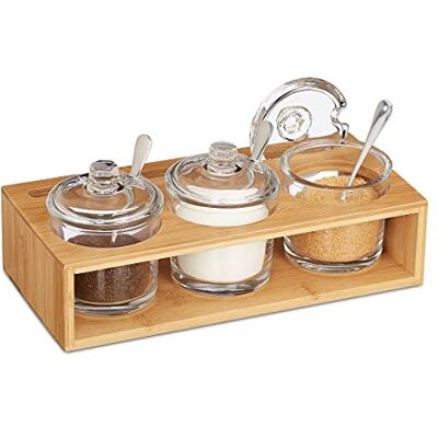Relaxdays Set van 3 kruidenpotjes met bamboe standaard, glazen suikerpot met lepel en deksel, zoutcontainer, natuur/transparant, 11 x 27 x 13 cm Relaxdays Set van 3 kruidenpotjes met bamboe standaard, glazen suikerpot met lepel en deksel, zoutcontainer, natuur/transparant, 11 x 27 x 13 cm