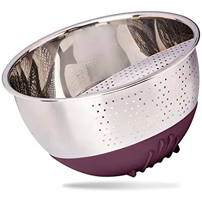 Reishunger Rijstkom van roestvrij staal (aubergine), zeef voor het wassen van rijst en groenten, met antislip siliconen voet Reishunger Rijstkom van roestvrij staal (aubergine), zeef voor het wassen van rijst en groenten, met antislip siliconen voet