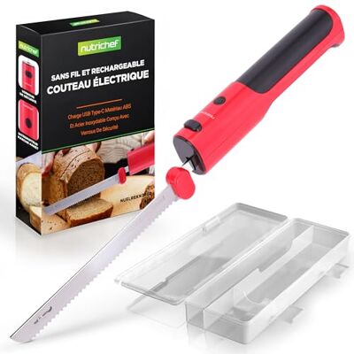 NutriChef Elektrisch keukenmes – snijmes voor vlees, gevogelte, brood en kaas, messen van staal, draadloos, oplaadbaar, USB-C, veiligheidsknop aan/uit, rood NutriChef Elektrisch keukenmes – snijmes voor vlees, gevogelte, brood en kaas, messen van staal, draadloos, oplaadbaar, USB-C, veiligheidsknop aan/uit, rood