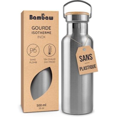 Bambaw Drinkfles van roestvrij staal, 500 ml, thermosfles, ecologische drinkfles, herbruikbare drinkfles, drinkfles van roestvrij staal, zonder kunststof, houdt warm en koud bamboeflesje Bambaw Drinkfles van roestvrij staal, 500 ml, thermosfles, ecologische drinkfles, herbruikbare drinkfles, drinkfles van roestvrij staal, zonder kunststof, houdt warm en koud bamboeflesje