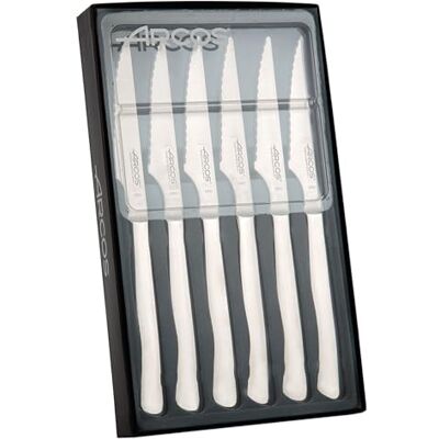 Arcos Steakset van nitrum roestvrij staal. Ergonomische handgreep van polyoxymethyleen POM. Mesa-serie. De randen maken het perfect voor het snijden en hakken van vlees. Kleur: zilver. Arcos Steakset van nitrum roestvrij staal. Ergonomische handgreep van polyoxymethyleen POM. Mesa-serie. De randen maken het perfect voor het snijden en hakken van vlees. Kleur: zilver.