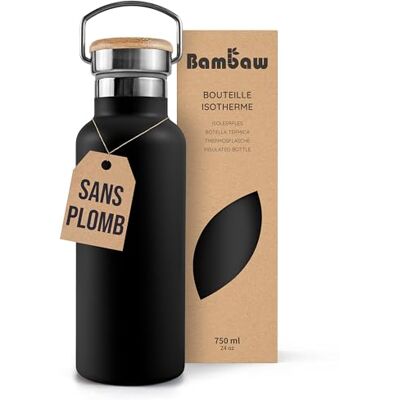 Bambaw Thermosfles, 750 ml, grote drinkfles van roestvrij staal, dubbelwandige thermosfles voor dames en heren, houdt dranken 24 uur koud en 12 uur warm, herbruikbaar, waterdicht en elegant (zwart Bambaw Thermosfles, 750 ml, grote drinkfles van roestvrij staal, dubbelwandige thermosfles voor dames en heren, houdt dranken 24 uur koud en 12 uur warm, herbruikbaar, waterdicht en elegant (zwart