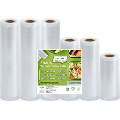 Anysea Vacuümzak voor levensmiddelen: vacuümzak voor levensmiddelen, compatibel met vacuümmachine, vacuümrol, BPA-vrij, 6 rollen, 15 x 1/20 x 2/28 x 3/300 cm, vacuümzakken met reliëf Anysea Vacuümzak voor levensmiddelen: vacuümzak voor levensmiddelen, compatibel met vacuümmachine, vacuümrol, BPA-vrij, 6 rollen, 15 x 1/20 x 2/28 x 3/300 cm, vacuümzakken met reliëf