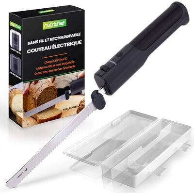 NutriChef Elektrisch keukenmes – snijmes voor vlees, gevogelte, brood en kaas, messen van staal, draadloos, oplaadbaar, USB-C, veiligheidsknop aan/uit, zwart NutriChef Elektrisch keukenmes – snijmes voor vlees, gevogelte, brood en kaas, messen van staal, draadloos, oplaadbaar, USB-C, veiligheidsknop aan/uit, zwart