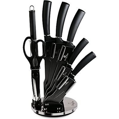 Berlinger Haus Carbon Pro Professionele keukenmessenset, 8-delig, roestvrij staal, antiaanbaklaag, houder, koksmes, Santoku, slijpstaal, schaar, metallic design Berlinger Haus Carbon Pro Professionele keukenmessenset, 8-delig, roestvrij staal, antiaanbaklaag, houder, koksmes, Santoku, slijpstaal, schaar, metallic design