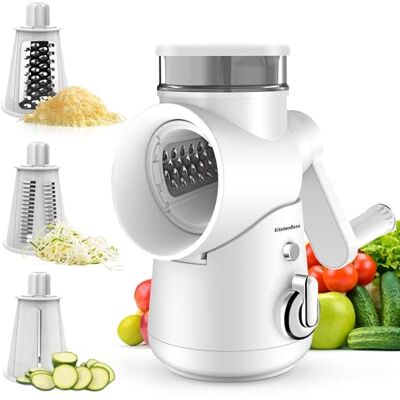 KitchenBoss Handmatige kaasrasp, professionele snijmachine: 3-in-1 groentesnijder, met zwengel en 3 verwisselbare roestvrijstalen messen, geschikt voor vele groenten en fruit, wit KitchenBoss Handmatige kaasrasp, professionele snijmachine: 3-in-1 groentesnijder, met zwengel en 3 verwisselbare roestvrijstalen messen, geschikt voor vele groenten en fruit, wit