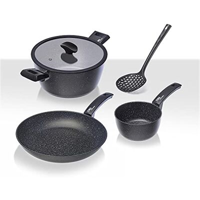 Moneta Etnea starterbatterij 5-dlg: pan 24 cm, pot 2 handgrepen 20 cm met deksel, pot 16 cm en nylonschuim Moneta Etnea starterbatterij 5-dlg: pan 24 cm, pot 2 handgrepen 20 cm met deksel, pot 16 cm en nylonschuim