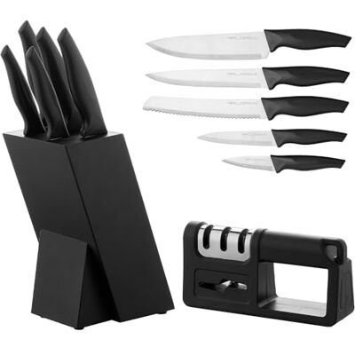 Florina Keukenmessenset met messenslijper en ALLIO blok, 7-delige set, inclusief koksmes, universeel mes, broodmes, groentemes, vleesmes Florina Keukenmessenset met messenslijper en ALLIO blok, 7-delige set, inclusief koksmes, universeel mes, broodmes, groentemes, vleesmes