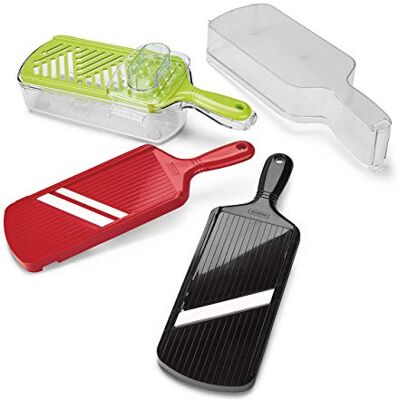 Kyocera CSN-550 set met 3 mandolines, verstelbaar, Julienne/keramische schraper, zwart/rood/groen Kyocera CSN-550 set met 3 mandolines, verstelbaar, Julienne/keramische schraper, zwart/rood/groen