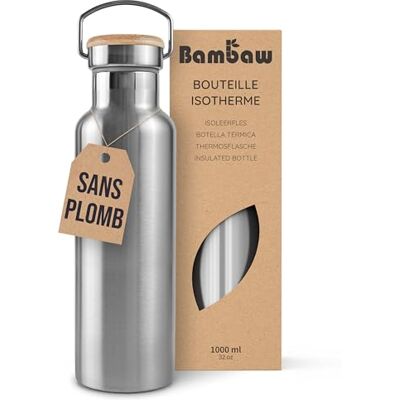 Bambaw Drinkfles van roestvrij staal, 1000 ml, thermosfles, ecologische drinkfles, herbruikbare drinkfles, drinkfles van roestvrij staal, zonder kunststof Bambaw Drinkfles van roestvrij staal, 1000 ml, thermosfles, ecologische drinkfles, herbruikbare drinkfles, drinkfles van roestvrij staal, zonder kunststof