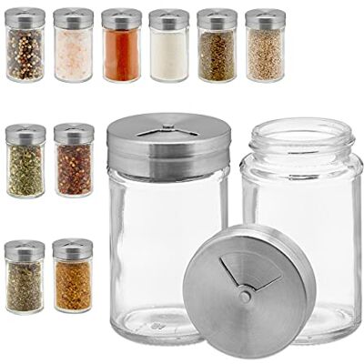 Relaxdays 12 stuks kruidenpotjes van glas en roestvrij staal, 3 strooimaten, zilver/transparant Relaxdays 12 stuks kruidenpotjes van glas en roestvrij staal, 3 strooimaten, zilver/transparant