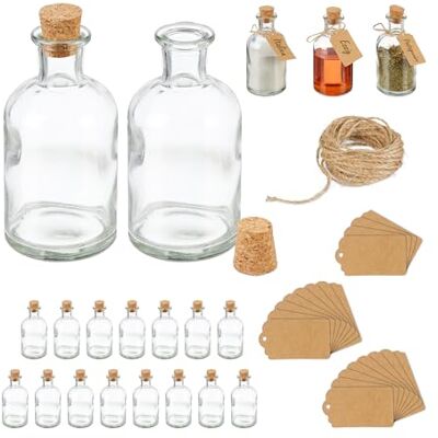Relaxdays Mini-flessen, 20 stuks, kleine flesjes, kurksluiting, 125 ml, om te vullen, etiketten, transparant/natuur Relaxdays Mini-flessen, 20 stuks, kleine flesjes, kurksluiting, 125 ml, om te vullen, etiketten, transparant/natuur