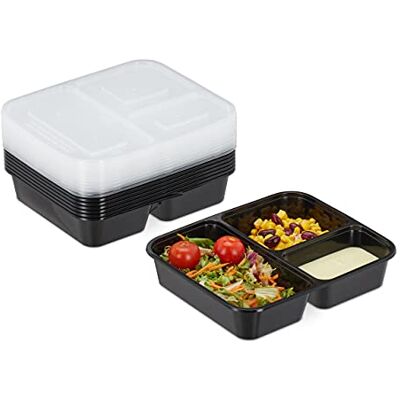 Relaxdays Meal Prep Set van 10 lunchboxen met 3 vakken van kunststof met deksel, 1000 ml, magnetronbestendig Relaxdays Meal Prep Set van 10 lunchboxen met 3 vakken van kunststof met deksel, 1000 ml, magnetronbestendig