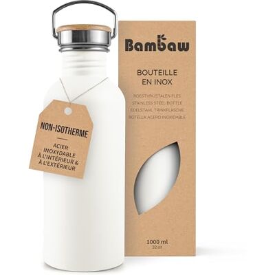 Bambaw Metalen waterfles, 1 l, witte waterfles, herbruikbaar, niet geïsoleerd, sportfles, 1 liter, drinkfles van roestvrij staal, fleece wit Bambaw Metalen waterfles, 1 l, witte waterfles, herbruikbaar, niet geïsoleerd, sportfles, 1 liter, drinkfles van roestvrij staal, fleece wit