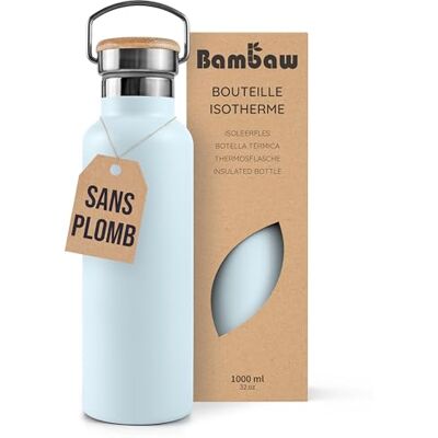 Bambaw Thermosfles, 1 liter, fles van roestvrij staal, voor camping en wandelen, van metaal, licht en waterdicht, houdt dranken 24 uur koud en 12 uur warm, gemakkelijk te reinigen (Nordic Blue) Bambaw Thermosfles, 1 liter, fles van roestvrij staal, voor camping en wandelen, van metaal, licht en waterdicht, houdt dranken 24 uur koud en 12 uur warm, gemakkelijk te reinigen (Nordic Blue)
