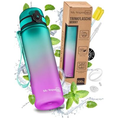 My Vesperbox Minny Drinkfles voor kinderen, lekvrij, waterfles 500 ml, met rietje of zeef, lichte Tritan waterfles, BPA-vrij, voor de kleuterklas, school (paars, groen, 500 ml) My Vesperbox Minny Drinkfles voor kinderen, lekvrij, waterfles 500 ml, met rietje of zeef, lichte Tritan waterfles, BPA-vrij, voor de kleuterklas, school (paars, groen, 500 ml)