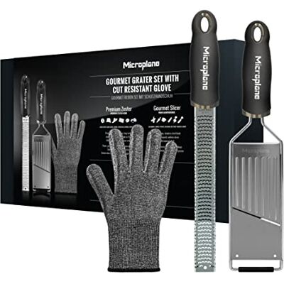 Microplane Keukenrasp (Zester, mandoline en handschoenen) voor Parmezaanse kaas, aardappelen, komkommer, courgette, wortel, gember, nootmuskaat van roestvrij staal en zwart Microplane Keukenrasp (Zester, mandoline en handschoenen) voor Parmezaanse kaas, aardappelen, komkommer, courgette, wortel, gember, nootmuskaat van roestvrij staal en zwart