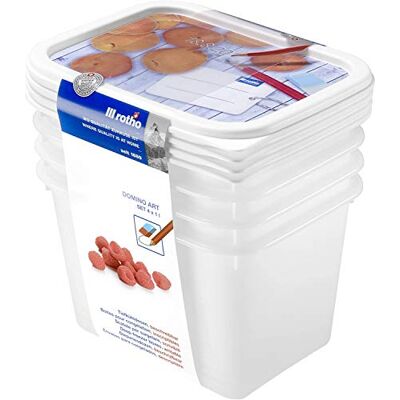 Rotho Domino-set van 4 vriescontainers van 1 l met beschrijfbaar design op het deksel, voedingsgeschikt plastic (PP), BPA-vrij, wit, 15,7 x 11,8 x 15,5 cm Rotho Domino-set van 4 vriescontainers van 1 l met beschrijfbaar design op het deksel, voedingsgeschikt plastic (PP), BPA-vrij, wit, 15,7 x 11,8 x 15,5 cm