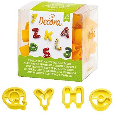Decora , 0255084 koekjessnijder, letters en cijfers, klein, 2 x H 1,6, de ideale set voor het maken van suikerpasta of gumpasta, gemaakt in Italië, 36-delige set. Decora , 0255084 koekjessnijder, letters en cijfers, klein, 2 x H 1,6, de ideale set voor het maken van suikerpasta of gumpasta, gemaakt in Italië, 36-delige set.
