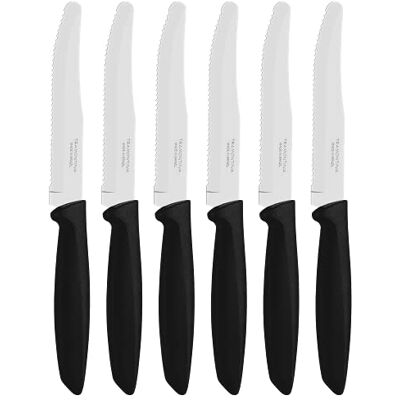 Tramontina Set van 6 gekartelde keukenmessen voor fruit en tomaten, roestvrij staal, multifunctioneel, afgeronde punt, zwart, 23498055 Tramontina Set van 6 gekartelde keukenmessen voor fruit en tomaten, roestvrij staal, multifunctioneel, afgeronde punt, zwart, 23498055