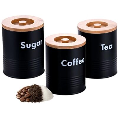 Relaxdays Set van 3 voorraaddozen voor koffie, thee, suiker, metaal, bamboedeksel, H x D: 14 x 11 cm, keukenbox, zwart/naturel Relaxdays Set van 3 voorraaddozen voor koffie, thee, suiker, metaal, bamboedeksel, H x D: 14 x 11 cm, keukenbox, zwart/naturel