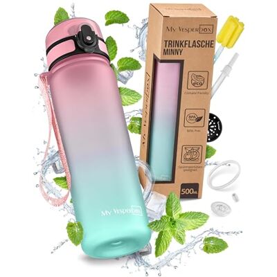 My Vesperbox Minny Drinkfles voor kinderen, lekvrij, 500 ml, met rietje of zeef, lichte Tritan waterfles, BPA-vrij, voor de kleuterklas, school (roze/turquoise, 500 ml) My Vesperbox Minny Drinkfles voor kinderen, lekvrij, 500 ml, met rietje of zeef, lichte Tritan waterfles, BPA-vrij, voor de kleuterklas, school (roze/turquoise, 500 ml)
