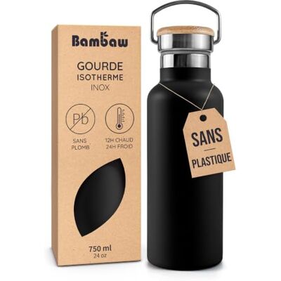 Bambaw Thermosfles, 750 ml, grote drinkfles van roestvrij staal, dubbelwandige thermosfles voor dames en heren, houdt dranken 24 uur koud en 12 uur warm, herbruikbaar, waterdicht en elegant (zwart Bambaw Thermosfles, 750 ml, grote drinkfles van roestvrij staal, dubbelwandige thermosfles voor dames en heren, houdt dranken 24 uur koud en 12 uur warm, herbruikbaar, waterdicht en elegant (zwart