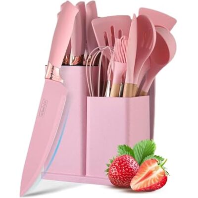 JUSTUP Messenset met messenblok, roze keukenmessenset met blok, 19 keukengerei met 6 messensets en 11 siliconen spatel, keukengerei JUSTUP Messenset met messenblok, roze keukenmessenset met blok, 19 keukengerei met 6 messensets en 11 siliconen spatel, keukengerei