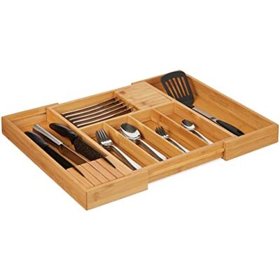 Relaxdays Bestekbak bamboe, bestekbak, 2 messenblokken, lade, keuken, hout, 5 x 56 x 43 cm (h x b x d), naturel Relaxdays Bestekbak bamboe, bestekbak, 2 messenblokken, lade, keuken, hout, 5 x 56 x 43 cm (h x b x d), naturel