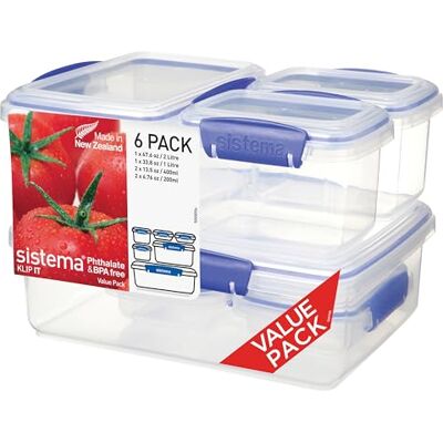 Sistema KLIP IT Meerdelige voedselopslagcontainers, stapelbare lunchboxen met clipsluitdeksels, BPA-vrij, blauwe clips, verschillende maten 6 stuks Sistema KLIP IT Meerdelige voedselopslagcontainers, stapelbare lunchboxen met clipsluitdeksels, BPA-vrij, blauwe clips, verschillende maten 6 stuks