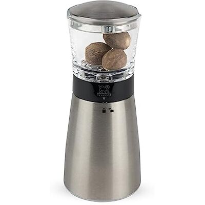 Peugeot Daman Muskaatmolen Met Voorraadcontainer Voor 3 Noten, 15 cm, Roestvrij Staal/Acryl, Zilver Peugeot Daman Muskaatmolen Met Voorraadcontainer Voor 3 Noten, 15 cm, Roestvrij Staal/Acryl, Zilver