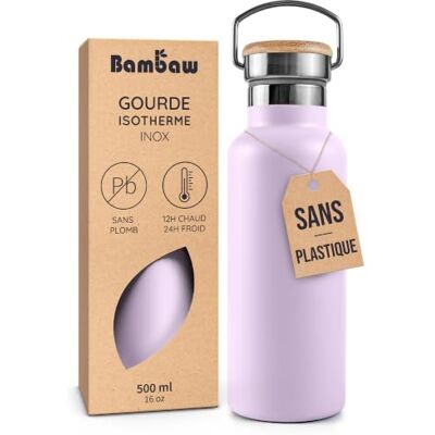 Bambaw Thermosfles, 500 ml, metalen fles, 500 ml, dubbelwandig, van hoogwaardig roestvrij staal, met gemakkelijk te dragen handgreep, past in bekerhouder (lichtpaars) Bambaw Thermosfles, 500 ml, metalen fles, 500 ml, dubbelwandig, van hoogwaardig roestvrij staal, met gemakkelijk te dragen handgreep, past in bekerhouder (lichtpaars)