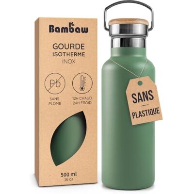 Bambaw Thermosfles, 500 ml, roestvrij staal, geïsoleerd, licht, van metaal, roestbestendig, met handvat en brede mond, ideaal voor reizen en sport (saliegroen) Bambaw Thermosfles, 500 ml, roestvrij staal, geïsoleerd, licht, van metaal, roestbestendig, met handvat en brede mond, ideaal voor reizen en sport (saliegroen)