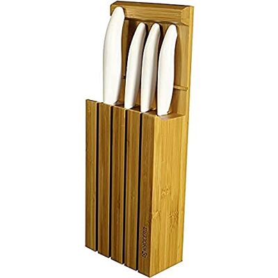 Kyocera keramische messenset met schilmesmes van 7,5 cm, mes van 11 cm, universeel mes 13 cm, Santoku mes 14 cm en bamboe messenblok Kyocera keramische messenset met schilmesmes van 7,5 cm, mes van 11 cm, universeel mes 13 cm, Santoku mes 14 cm en bamboe messenblok