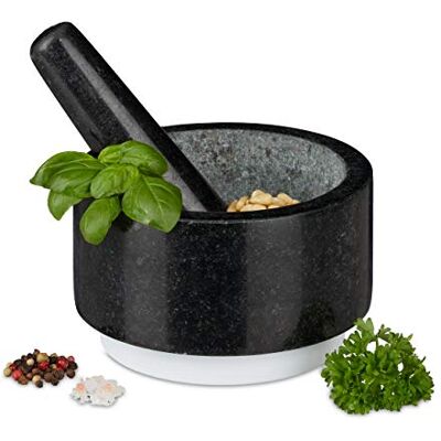 Relaxdays Granieten vijzel met stamper, duurzaam, specerijen, kruiden, antislip, steenvijzel, Ø 14 cm, 400 ml, grijs/wit Relaxdays Granieten vijzel met stamper, duurzaam, specerijen, kruiden, antislip, steenvijzel, Ø 14 cm, 400 ml, grijs/wit