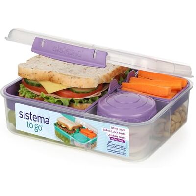 Sistema TO GO Bento lunchbox met vakken en snackpot, BPA-vrij, 1,65 l, mistpaars Sistema TO GO Bento lunchbox met vakken en snackpot, BPA-vrij, 1,65 l, mistpaars