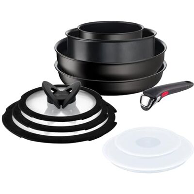 Lagostina Ingenio Intensive Pro 10-delige set, 4 pannen, 3 glazen deksels, 2 kunststof deksels en afneembare handgreep, titanium coating, voor alle warmtebronnen Lagostina Ingenio Intensive Pro 10-delige set, 4 pannen, 3 glazen deksels, 2 kunststof deksels en afneembare handgreep, titanium coating, voor alle warmtebronnen
