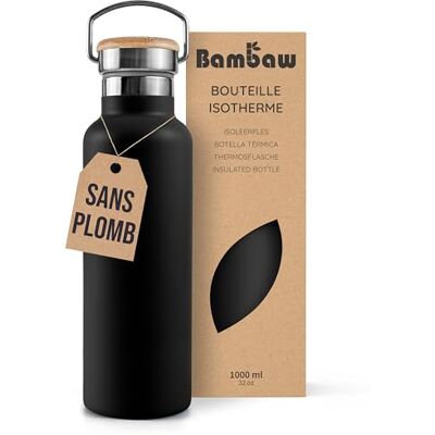 Bambaw Thermosfles van roestvrij staal, 1 l, thermosfles van 1 liter, voor warme of koude dranken, zwarte drinkfles met brede opening en gemakkelijk te reinigen handvat (zwart onyx) Bambaw Thermosfles van roestvrij staal, 1 l, thermosfles van 1 liter, voor warme of koude dranken, zwarte drinkfles met brede opening en gemakkelijk te reinigen handvat (zwart onyx)