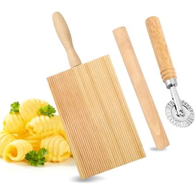 FuYelng Set van 3 houten gnocchi-planken, 20,6 x 8,1 cm, met uitsteekvormpjes en deegroller FuYelng Set van 3 houten gnocchi-planken, 20,6 x 8,1 cm, met uitsteekvormpjes en deegroller