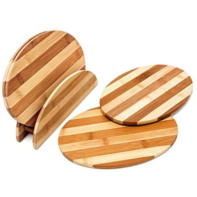 Relaxdays Relaxday Bamboe snijplanken (h x b x d): 0,5 x 25 x 18 cm, set van 4 gestreepte ontbijtplanken met standaard, naturel Relaxdays Relaxday Bamboe snijplanken (h x b x d): 0,5 x 25 x 18 cm, set van 4 gestreepte ontbijtplanken met standaard, naturel