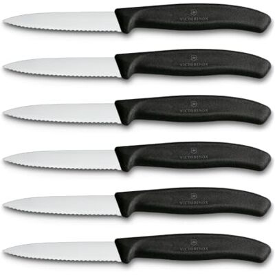 Victorinox Swiss Classic groentemessenset voor professionals, 6-delig, multifunctionele messen, getand, scherpe messen, 8 cm, stevige kunststof handgrepen, zwart Victorinox Swiss Classic groentemessenset voor professionals, 6-delig, multifunctionele messen, getand, scherpe messen, 8 cm, stevige kunststof handgrepen, zwart