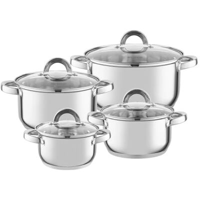Florina Potten (8 stuks) I CLAUDE roestvrijstalen braadpan I bakken voor inductie, gas I set potten met glazen deksel I kookgerei I roestvrij staal I kleur: zilver Florina Potten (8 stuks) I CLAUDE roestvrijstalen braadpan I bakken voor inductie, gas I set potten met glazen deksel I kookgerei I roestvrij staal I kleur: zilver