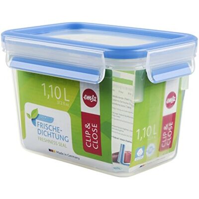 Emsa 508541 Rechthoekige voedseldoos met deksel, 1,1 l, transparant/blauw, clip & close Emsa 508541 Rechthoekige voedseldoos met deksel, 1,1 l, transparant/blauw, clip & close