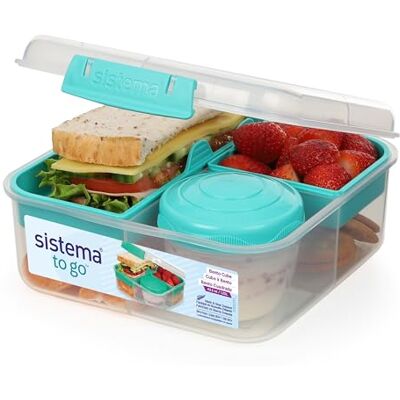 Sistema TO GO Bento Cube Box 1,25 liter Schoollunchbox met compartimenten en een snack-pot BPA-vrij 1 stuk blauwgroen mint Sistema TO GO Bento Cube Box 1,25 liter Schoollunchbox met compartimenten en een snack-pot BPA-vrij 1 stuk blauwgroen mint