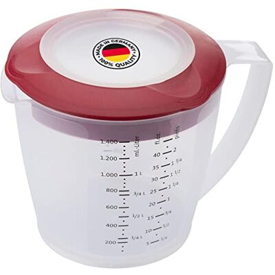 Westmark mengbeker/maatbeker met spatbescherming, deksel en schenktuit, van kunststof, inhoud: 1,4 liter, Helena, transparant/rood, 3105227R Westmark mengbeker/maatbeker met spatbescherming, deksel en schenktuit, van kunststof, inhoud: 1,4 liter, Helena, transparant/rood, 3105227R